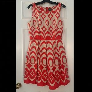 Red-Orange and Beige Geometric Patterned Dress with pockets